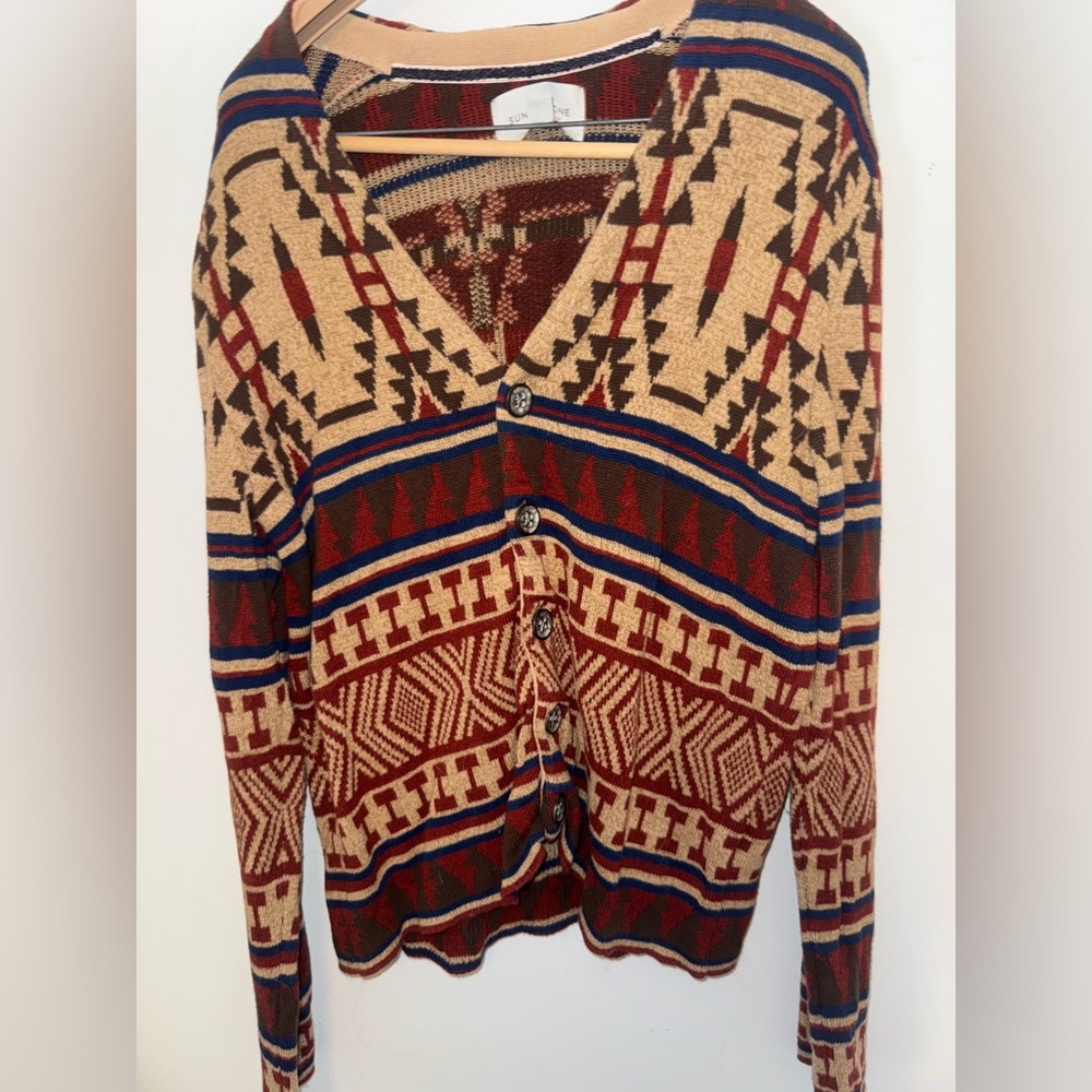 Sun + Stone Geometric Button-Up Cardigan - Red, Blue, Cream